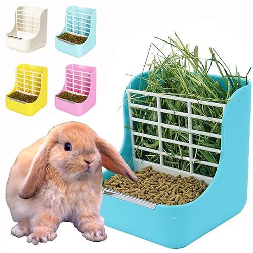 MINGZE Hay Food Bin Feeder for Rabbit Guinea Pig Chinchilla and Other Small Animals, 2 in 1 for Grass and Food (blue)