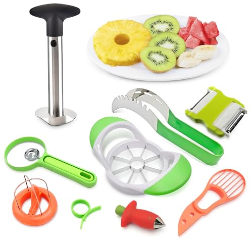 9 Pcs Pineapple Corer and Slicer Set – Sturdy, Sharp & Easy to Clean Pineapple Slicer Tool with Fruit Corer, Slicers and Peelers – Works for Apples, Melons, Avocados, Citrus, Berries, Bananas & More