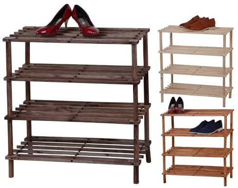 Wooden Shoe Rack - Footwear Storage Organiser Unit Shelf Dvd Books Tier Slated | Storage Stackable Organiser Multi-use - Easy To Assemble, Space Efficient, Hallway Front Door (Dark Oak Effect, 4 Tier)
