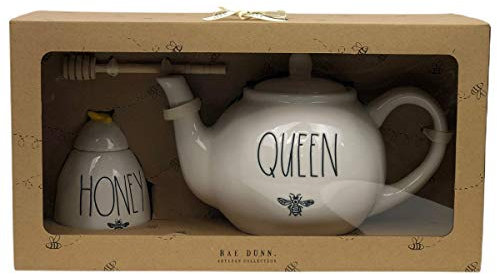 Rae Dunn Queen Bee Teekanne mit Honigbienenkanne und Rührstab Geschenkset