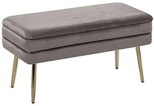 Banquette Design Bout de Lit en Velours Gris avec Pieds Obliques Dorés Meuble Déco Pratique pour Salon Chambre et Couloir Chic et Glamour Beliani