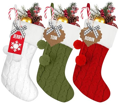 RFAQK Personalized Christmas Stockings -3 Pack with 50 Pcs Name Tags, Large Xmas Stockings for Christmas Decorations-Fireplace Hangings for Family Farmhouse and Home Décor