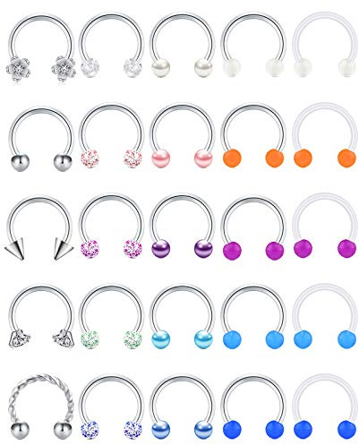 JFORYOU Septum Rings 24pcs 16G Stainless Steel Horseshoe Barbells Earrings Septum Cartilage Helix Tragus Lip Piercing Rings Retainer Piercing 10MM