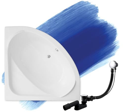 BADLAND Badewanne Original Weiß Acryl Wanne Eckbadewanne STANDARD 140x140 KOMPLETTSET SET + Füßen und Exklusive Chrom Automatik Ablaufgarnitur Made in EU 3in1