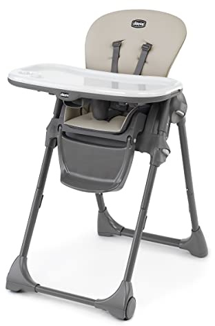 Chicco Polly Space-Saving Foldable High Chair with Easy-Clean Seat Pad, High Chair for Babies and Toddlers with Multi-Position Recline and Height Adjustment, for Children up to 40 lbs., Taupe/Beige