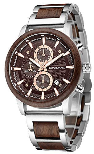 XIRUVE Holz Quarz Holzuhren Armbanduhr für Herren Datum Chronograph mit Geschenkbox (Walnussholz)