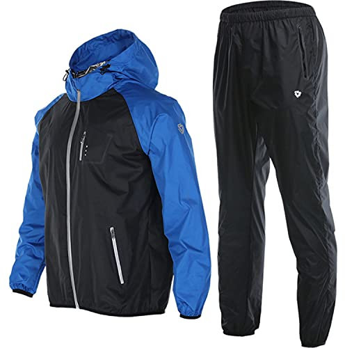 scosao Tuta Sauna Dimagrante Uomo Maglia Sudorazione, Maglietta per Sudare Sportiva Palestra Brucia Grassi Giacca da Ginnastica & Pantaloni Snellenti per Boxe in Palestra,Blue Tops And Pants,M