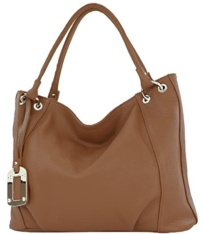 modamoda de - T339 - ital. Schultertasche Shopper aus Leder, Farbe:Schokobraun