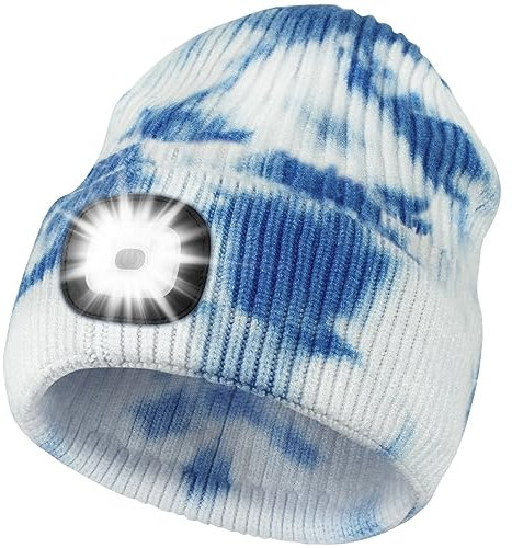 Deilin LED Mütze mit Licht, Beleuchtete Mütze Aufladbar USB für Männer und Frauen, Einstellbare Helligkeit Stirnlampe Winter Beanie Mütze mit Licht, Unisex Winter Wärmer Strickmütze mit Licht Blau