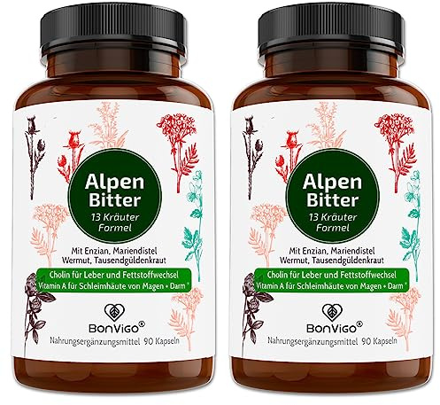 Bitterstoffe Kapseln BonVigo AlpenBitter - Cholin hochdosiert unterstützt Leber, Fettstoffwechsel, Verdauung - 13 Kräuter Enzian, Wermut, Löwenzahn, Mariendistel, Anis - Nach Hildegard von Bingen