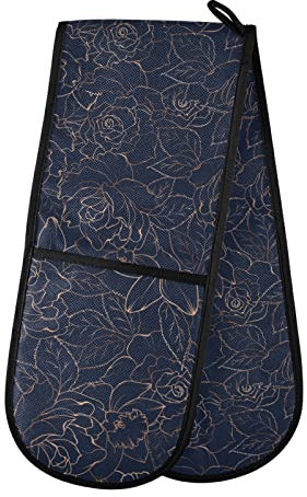 Copper-Gold Shiny Outline Rose Peony Flowers Leaves on Navy Blue Double Oven Mitt Gloves Extra Long Potholder High Heat Resistant for Baking Cooking Baking Grilling Handling Hots Pans 35x7