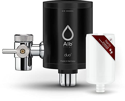 Alb Filter® Duo Nano Trinkwasserfilter | Armatur Anschluss | Gegen Mikrokeime wie E. coli, Legionellen uvm. | Set mit Gehäuse und Kartusche | Made in Germany Edelstahl Schwarz ohne Vorfilter