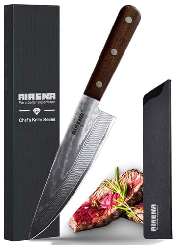 Coltello di Damasco, Coltello da Cucina Professionale 20cm - Lama Affilata in Acciaio Damasco a 67 strati - Coltelli Giapponese con Fodero e Confezione Regalo