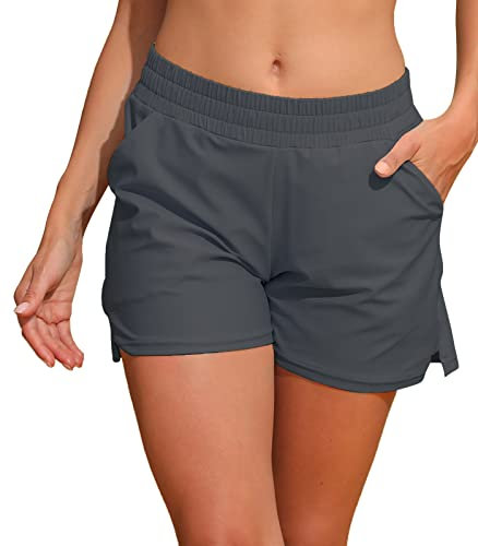 Halcurt Damen Swim Boardshorts Pocket Bademode Shorts V-Slit Beachwear Unterteile Grau X-Large