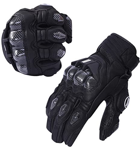 Harssidanzar Leder-MotorräderHandschuhe für Herren und Damen, Vollfinger-Touchscreen Motorradfahren Powersports Knöchelschutz Straßenrennen Handschuhe KM046,Schwarz,Größe L