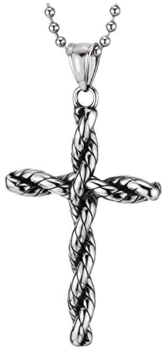 COOLSTEELANDBEYOND Edelstahl Herren Damen Verdrehte Geflochtene Kreuz Anhänger Halskette, 75cm Stahl Kugelkette