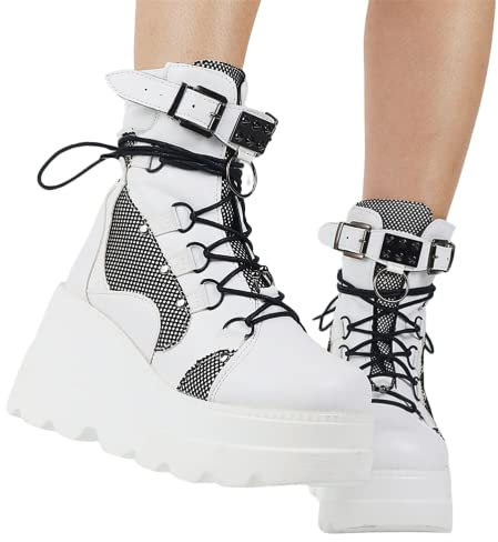 ORANDESIGNE Donne Punta Rotonda Stivali Lunghi Tacco Grosso Stivali con Piattaforma Moda Stivali da Cavaliere Goth Punk Scarpe da Festa Stivali da Motociclista F Bianco 39 EU