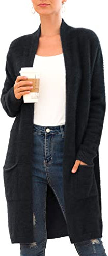 IWOLLENCE Womans Long Boyfriend Cardigan Jumpers Thick Fuzzy Fluffy Knit Sweater Tops for Ladies UK Women's Cardigans (Black, L)