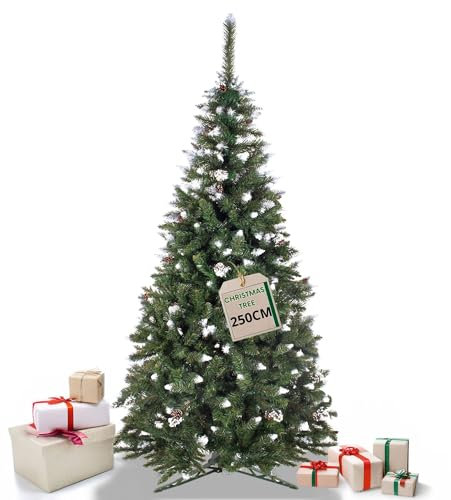 SPRINGOS Sapin de Noël Artificiel Premium 250 cm pin diamanté avec Neige Artificielle et Vrais cônes Aspect Hivernal