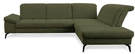 CAVADORE Ecksofa Carmen / Cord-Sofa mit Ottomane, Sitztiefenverstellung, Armteilverstellung + Kopfteilverstellung / 301 x 84 x 195 / Fein-Cord, Grün