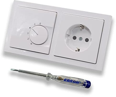 Halmburger UP Raumthermostat RTR-6210sg in Busch Jäger Future Linear Studioweiß 2f Rahmen + Steckdose mit erhöhtem Berührungsschutz 20EUCKS-84 + EBROM Phasenprüfer zur Montage der Geräte RTR-6210 (sg)