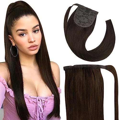 Fshine Haarteil Echthaar Pferdeschwanz Extensions Dunkelbraun Ponytail Extension Echthaar Zopf 50cm 100g Farbe 2