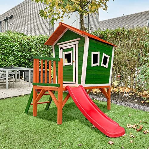 ATAA Casita de Madera Infantil Diversity - Verde-casa de Juego para niños de Madera sostenible, con tobogan Puertas y Ventanas, Ideal para el Jardin