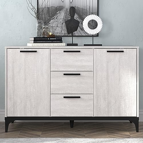 Galano Lawrence 2 Door 3 Drawer Sideboard – Dusty Grey Oak Storage Cabinet with Adjustable Shelves – Buffet Unit for Kitchen, Living Room, or Hallway