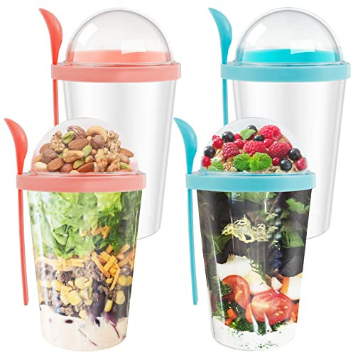 4Pcs Oats Jars and Lid Spoon Reusable 13.5oz BPA Free Breakfast Dishwasher Safe Yoghurt Pots Portable Oats Container for Milk Cereal Salad