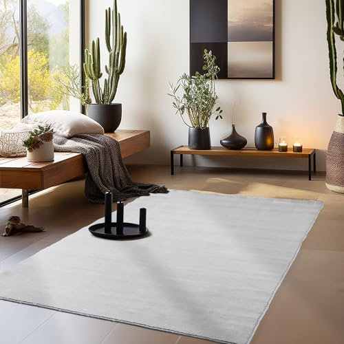 HomebyHome Kurzflor Teppich Wohnzimmer 160x230 cm Silberfarbe - Waschbarer Teppich für Schlafzimmer, Esszimmer und Ideal als Küchenteppich - Flauschiger Teppich Weich, Einfarbig, rutschfest, Modern