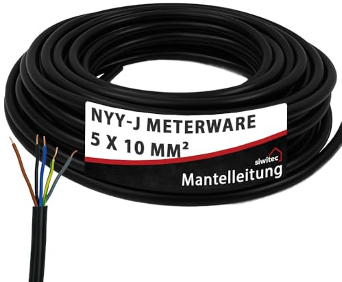siwitec Erdkabel NYY-J 5x10 mm², Starkstromkabel PVC Erdleitung in schwarz, exakt zugeschnittene Meterware in Profi-Qualität, Länge (aktuelle Auswahl) = 15 Meter