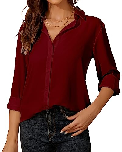 Damen Button-Down Shirts Langarm Kragen Tops Lady Work Office Chiffon Bluse