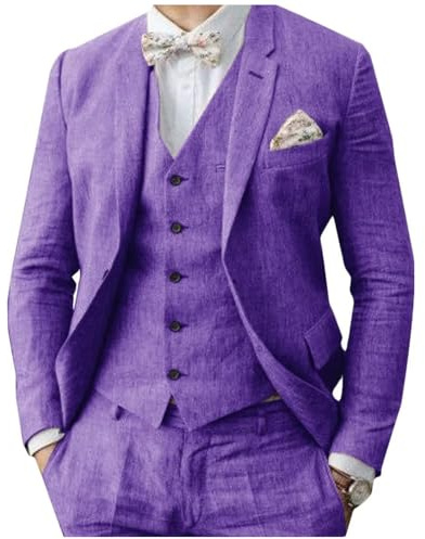 Abito da uomo in lino 3 pezzi formale da uomo d'affari blazer pantaloni abito con risvolti a tacca matrimonio testimoni dello sposo abbigliamento per feste, Viola, 62