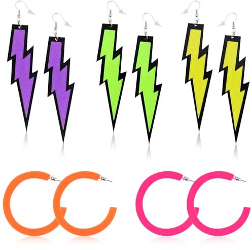 CHRI Neon 80er 90er Jahre Accessoires Ohrringe 5 STK, Neon Party Outfit Accessoires Bunte Acryl Ohrringe für 80er 90er Jahre Party