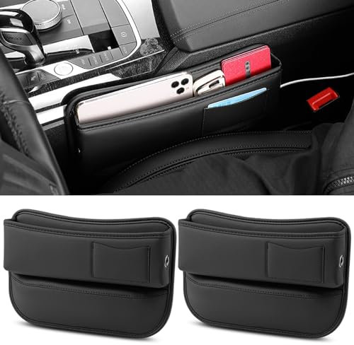 Autositz Lückenfüller, Tianher 2 Stück Autositz Seitentaschen Organizer Auto Mittelkonsole Organizer PU Leder Autositz Catcher Organizer vorne Für Handys,Geldbörse,Karten(Schwarz)