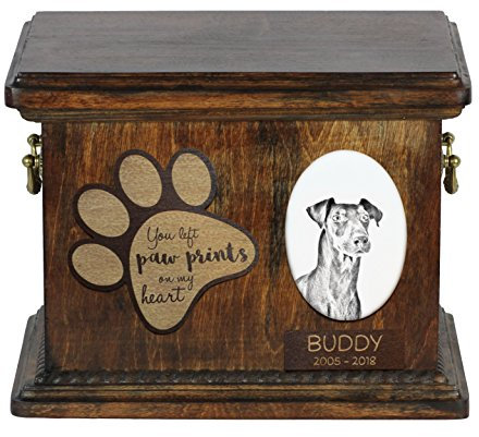 Art-Dog Custom Dog Memorial Urn - Handmade Cold Cast Bronze Portrait on Birch Base with Personalized Ceramic Plate - Elegant Dog Cremation Box – 8,3x11,4x8,7” – Manchester Terrier