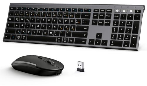 seenda Tastiera Bluetooth con mouse senza fili, Dual Bluetooth e 2.4 G chiavetta USB senza fili, tastiera wireless ricaricabile con layout DE per Mac/Windows/Android – nero e grigio