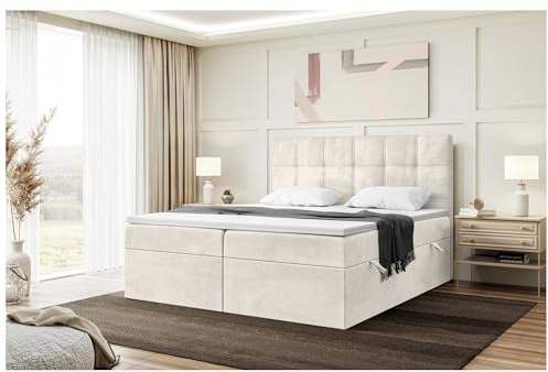 MEBLINI Boxspringbett mit Bettkasten - 140x200 - Gepolstert Doppelbett mit Matratze und Topper - Polsterbett mit Stauraum - Bett mit Kopfteil - Kai - H3/Creme Samt