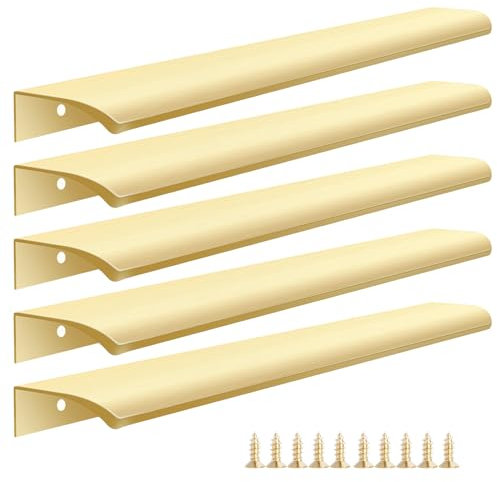 Malimali 5 Pack Gold Kitchen Cupboard Edge Pulls for Cabinets and Drawers, 300mm Wardrobe Door Handles Modern Aluminum Bathroom Cabinet Handles, Brushed Brass