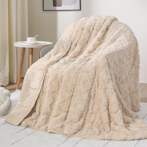 Drewin Gewichtsdecke für Erwachsene, 5,4 kg, weiche, Bequeme Fleece-Gewichtsdecken mit doppelseitigem Shaggy-Sherpa, Klassische, schwere Jacquarddecke für Couch und Bett, Beige, 122 x 183 cm