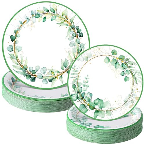Mumufy 100 Pack Sage Green Paper Plates Eucalyptus Dinner Plates and Greenery Leaves Dessert Spring Summer Decorative Tableware for Wedding Baby Shower Bridal Shower Birthday Party Supplies