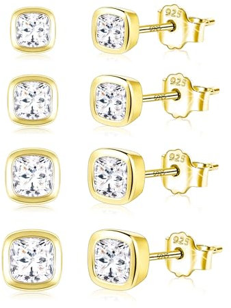 Kleine Ohrstecker Gold Ohrringe Damen, 14k Vergoldete 925 Ohrstecker Eckig Gold Ohrringe Set Herzförmige Ohrringe Kugel Ohrstecker mit Zirkonia Strass Steine, 9ct Gold Ohrstecker Kleine Set Damen