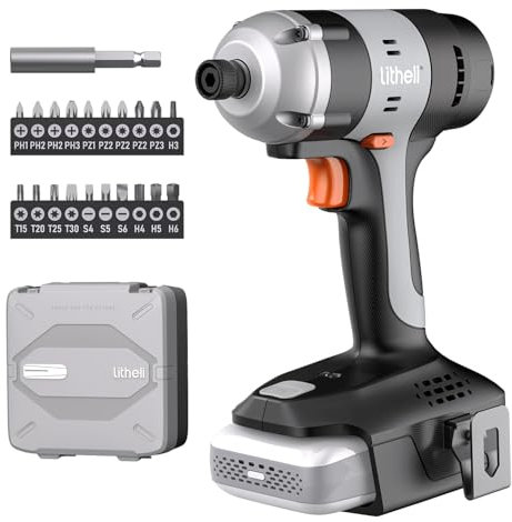 Litheli Schlagbohrschrauber, 1/4 Sechskantschaft Akku Schrauber, mit 20V 2.0 Ah Akku, 180Nm, 3000IPM, einschließlich LED, Gürtelclip und 21 Zubehörteilen
