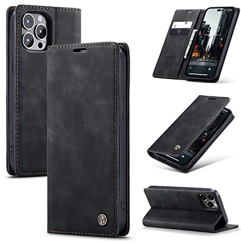 Cracedily Handyhülle für iPhone 14 Pro Hülle, Klapphülle Premium Lederhülle Klappbar Flip Case Tasche Magnet Kartenfach Standfunktion Klapphülle Schutzhülle für iPhone 14 Pro, Schwarz