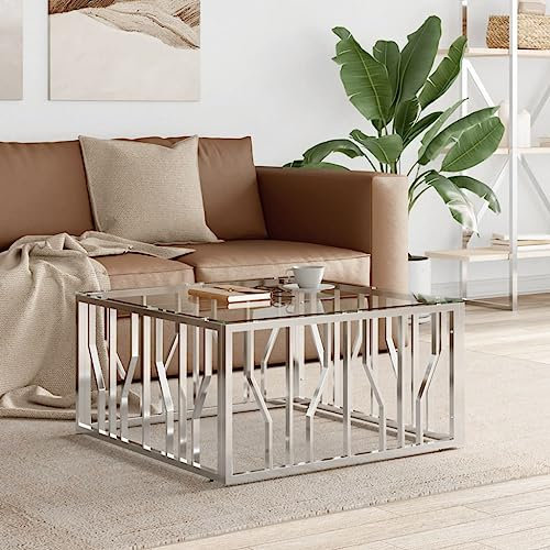 Mesa de centro 80 x 80 x 40 cm con estructura de acero inoxidable en plata y tapa de cristal, mesa de salón moderna cuadrada de metal y cristal de seguridad, mesa de sofá para salón