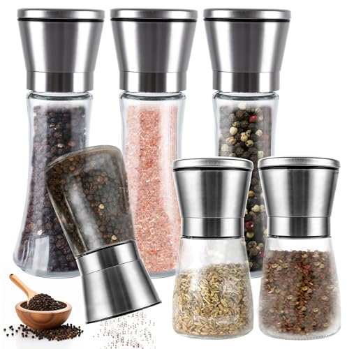 FWEEK 6er Set Salz und Pfeffermühle, Gewürzmühle Set mit Manuell Einstellbarem Keramikmahlwerk, Transparent Salzmühle und Pfeffermühle für Verschiedene Gewürze