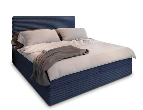 Masseno Boxspringbett PISA 160x200 cm Komplett-Set mit Matratze und Topper, Polsterbett mit Zwei Bettkästen -Blau, TILIA 77