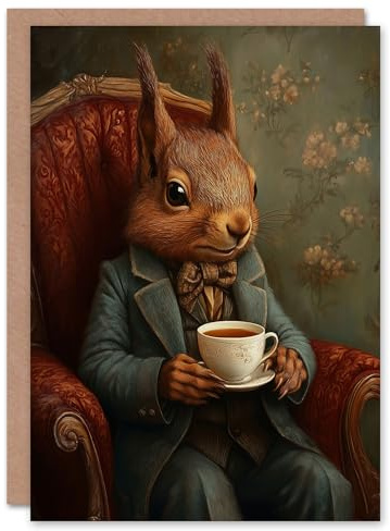Artery8 Personalised Red Squirrel Tea on Armchair Victorian Portrait For Him Or Her Art Birthday Card
