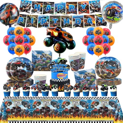 Truck Geburtstag Deko Party Set Truck Partygeschirr für 10 Personen | Auto Party Deko Tischdecke, Pappteller, Banner