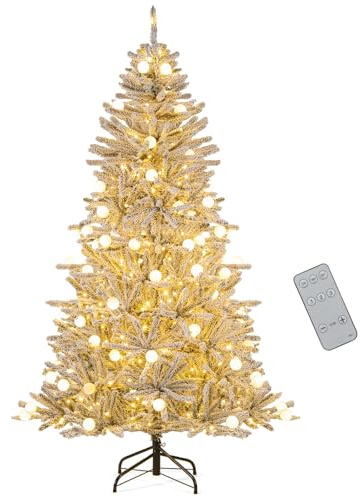 COSTWAY Albero di Natale Innevato 180/210cm, Albero di Natale Artificiale Pre-illuminato con 250/350 Luci LED Bianche Calde, 51/65 Sfere Luminose 637/1273 Rami, Telecomando e Timer (180 cm)